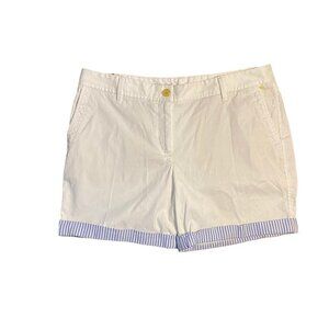 TALBOTS PETITES Womens Size 10P Stretch Cotton White Zip Front Shorts Striped Cu